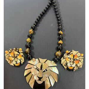 Lee Sands MOP Abalone Mosaic Lion Necklace Earrings Set on Onyx Tigers Eye Beads